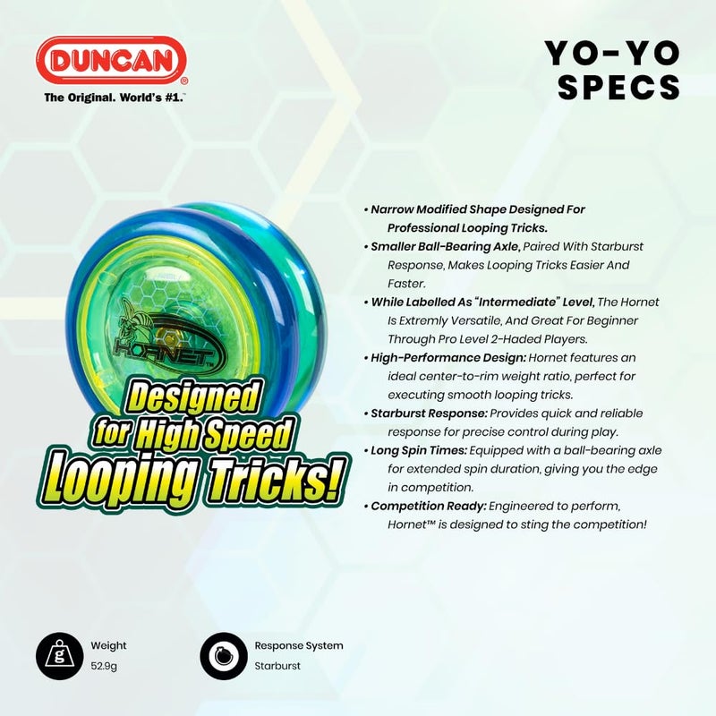 Duncan Toys Hornet Pro Looping Yo-Yo with String, Ball Bearing Axle and Plastic Body, Green with White Cap - Image 3